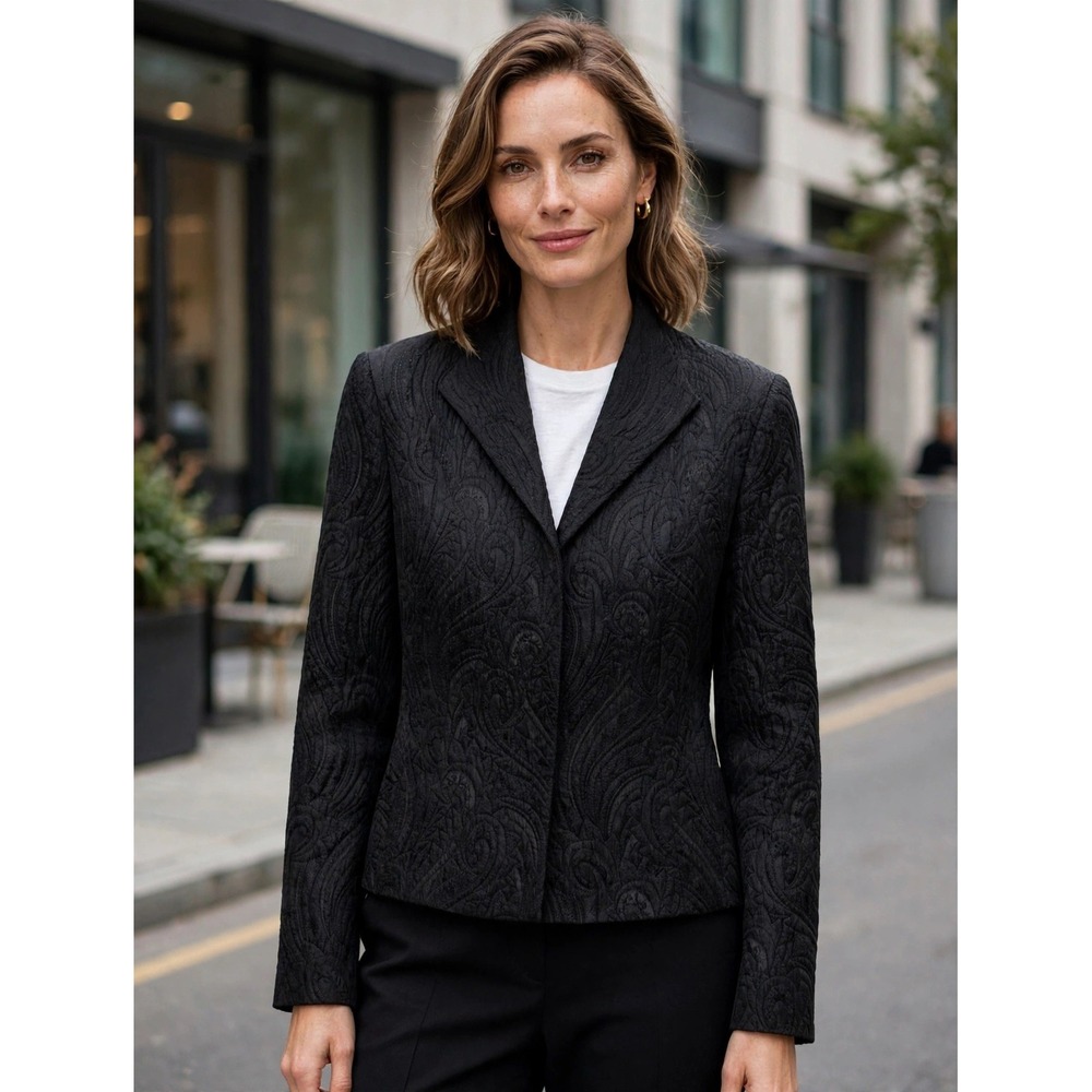 Lafayette 148 New York Black Silk Wool Jacquard Paisley Blazer Jacket Size 14